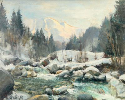 a painting of a mountain with a river in the foreground