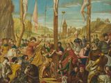 un tableau représentant un groupe de personnes rassemblées autour d'un crucifix