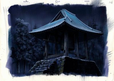 une peinture représentant une pagode au cœur de la nuit