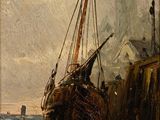 an image of a painting of a boat on the beach