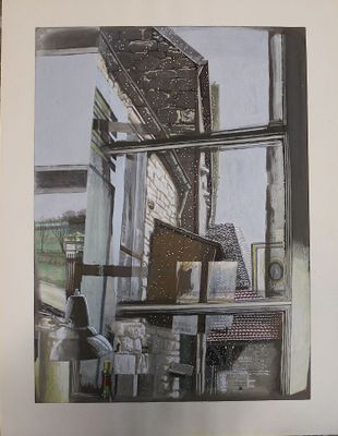 une photo d'une photo représentant une fenêtre sur laquelle figure une horloge