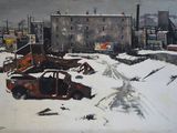 une photo d'un tableau représentant une vieille voiture dans la neige