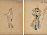 deux dessins représentant un homme et une femme vêtus de tenues élégantes