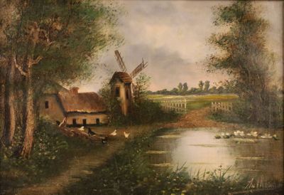 a painting of a windmill in a field next to a body of water