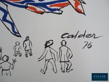 drawing of a group of people walking down a street next to a flag