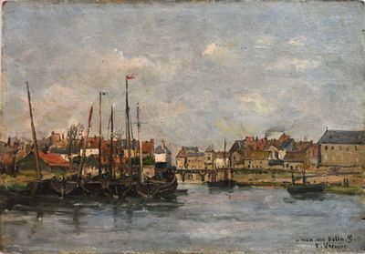 une peinture représentant une scène portuaire avec des bateaux dans l'eau