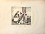 a drawing of a woman sitting at a table with a group of people