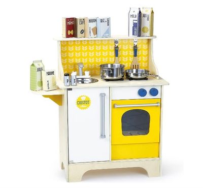 a toy kitchen with a yellow and white theme