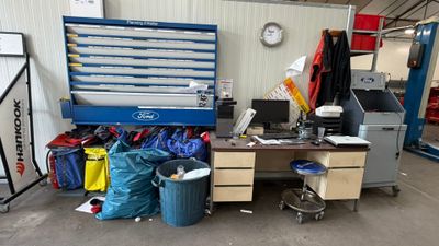 un espace de travail où la table est encombrée d'objets