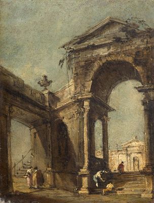 une image représentant un tableau où l'on voit un homme et une femme dans une cour