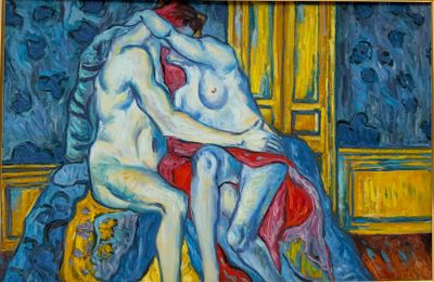 un tableau représentant deux nus assis sur une chaise