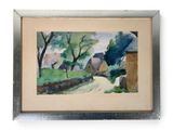 framed watercolor painting of a country road with houses and trees