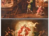 trois photos d'un tableau représentant une femme en robe de bal entourée d'anges
