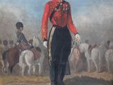 a painting of a man in a uniform standing in front of a group of horses
