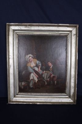 an old picture of a painting of a man and a woman with a dog