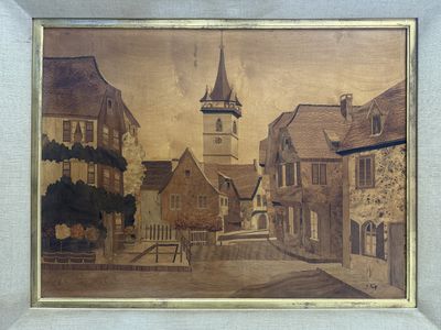 painting of a street scene with a church steeple in the background