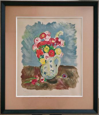 aquarelle encadrée représentant un vase de fleurs posé sur une table