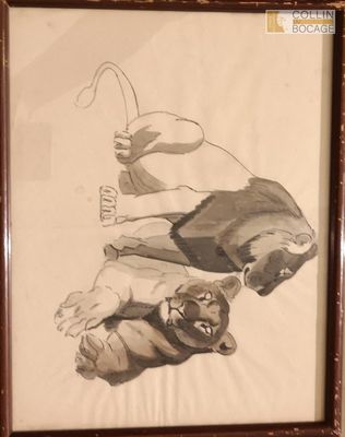 tableau représentant un homme et un chien, encadré et accroché au mur