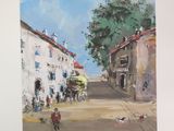 a painting of a street scene with a horse and buggy