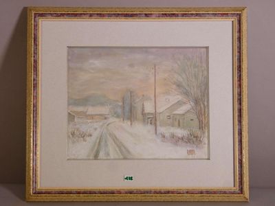 peinture représentant un paysage enneigé avec une voie ferrée au premier plan