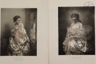 two black and white pictures of a woman in a dress and a woman in a dress