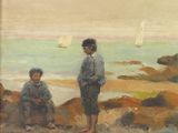 painting of two children on a rocky beach with sailboats in the background