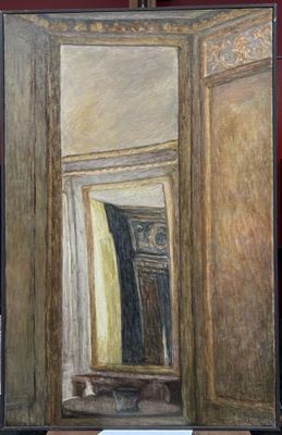 a painting of a room with a mirror on the wall
