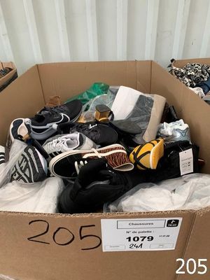 a cardboard box filled with shoes and other items