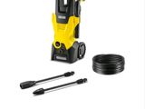 a yellow and black pressurer next to a hose on a white background