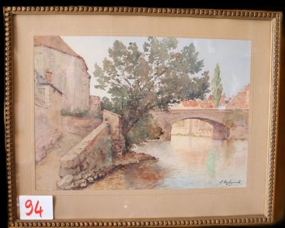 une image d'une peinture représentant un pont sur une rivière