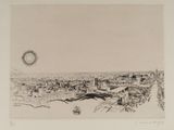 drawing of a view of a city with a sun in the sky