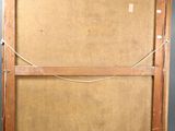 an old picture of a wooden frame with a piece of paper taped to it