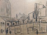 drawing of a street scene with buildings and a person with an umbrella