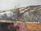 an oil painting of a landscape with a river and trees