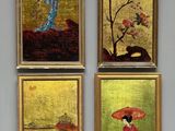 four framed paintings of asian women with umbrellas on a wall