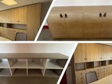 plusieurs photos d'une pièce avec un bureau, des armoires et une fenêtre