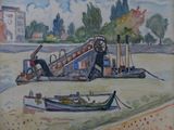 a watercolor painting of a boat on the water