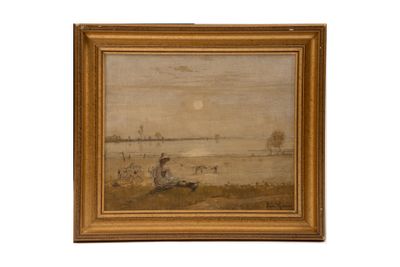 un tableau représentant une personne assise sur un bateau au milieu d'un plan d'eau