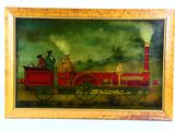 a picture of a painting of a man on a train