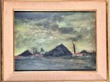 an image of a painting of a boat in a body of water with buildings in the background
