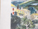 a picture of a painting of a town in the mountains