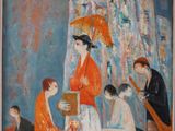 painting of a group of people in a room with a painting on the wall