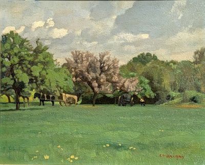 a painting of a horse in a field with trees in the background