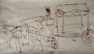 dessin représentant une calèche tirée par des chevaux, avec un homme et une femme à bord