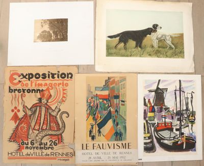 quatre cartes postales représentant des peintures de chiens et de bateaux sur un support en bois