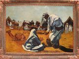 une peinture à l'huile représentant un homme et une femme agenouillés devant un chameau