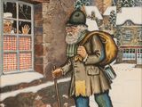 un tableau représentant un homme avec un sac à dos et une canne