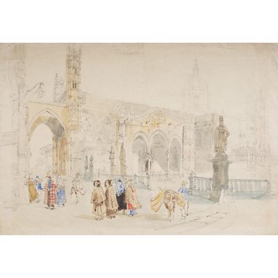 un tableau représentant un groupe de personnes se promenant dans une ville