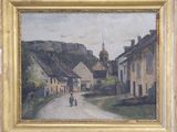 an image of a painting of two people walking down a road