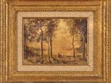 un tableau représentant un paysage avec des arbres et une personne assise par terre